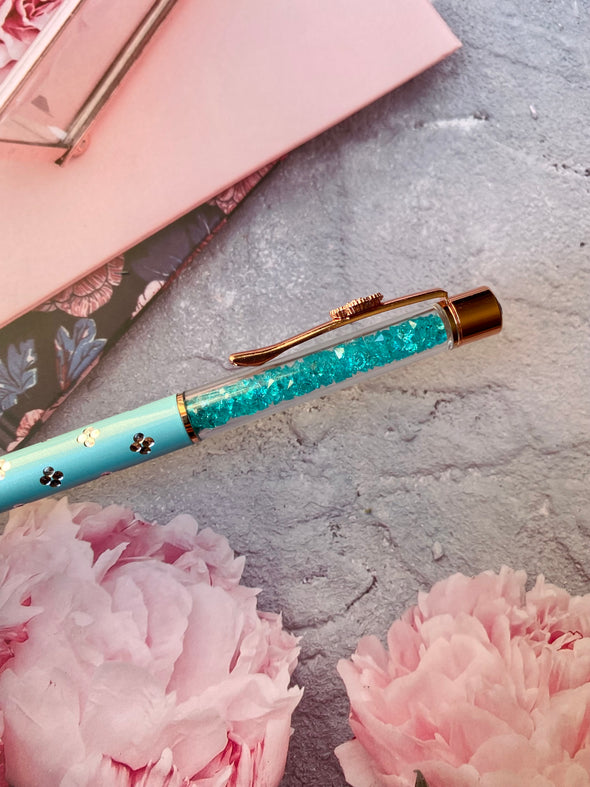 Rose Gold & Turquoise Tiffany Blue Bling Ballpoint Pen