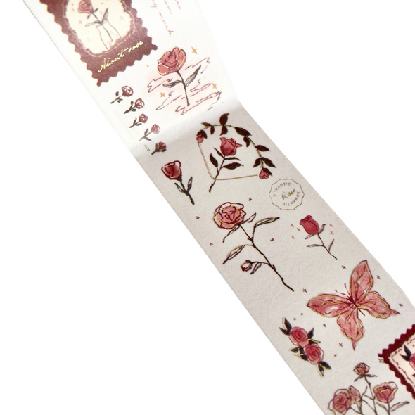 Red Roses and Butterfly Gold Foil Wide Washi Tape