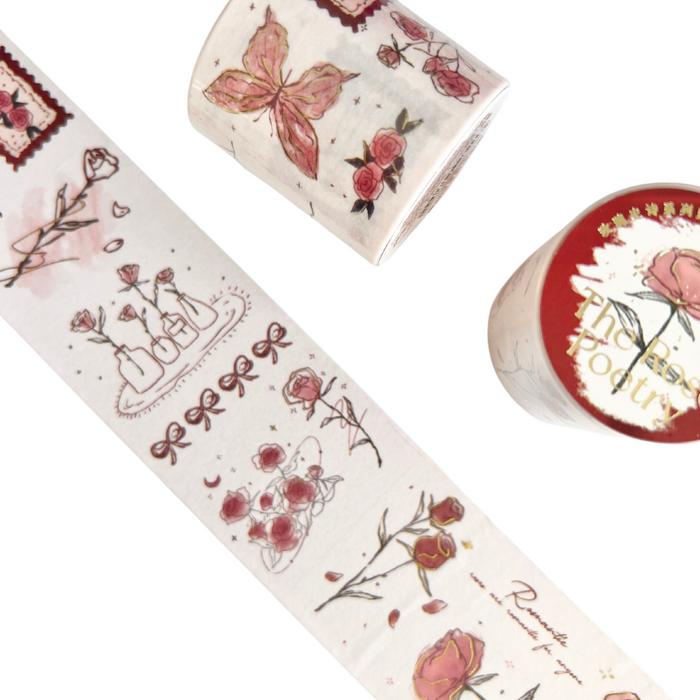 Red Roses and Butterfly Gold Foil Wide Washi Tape