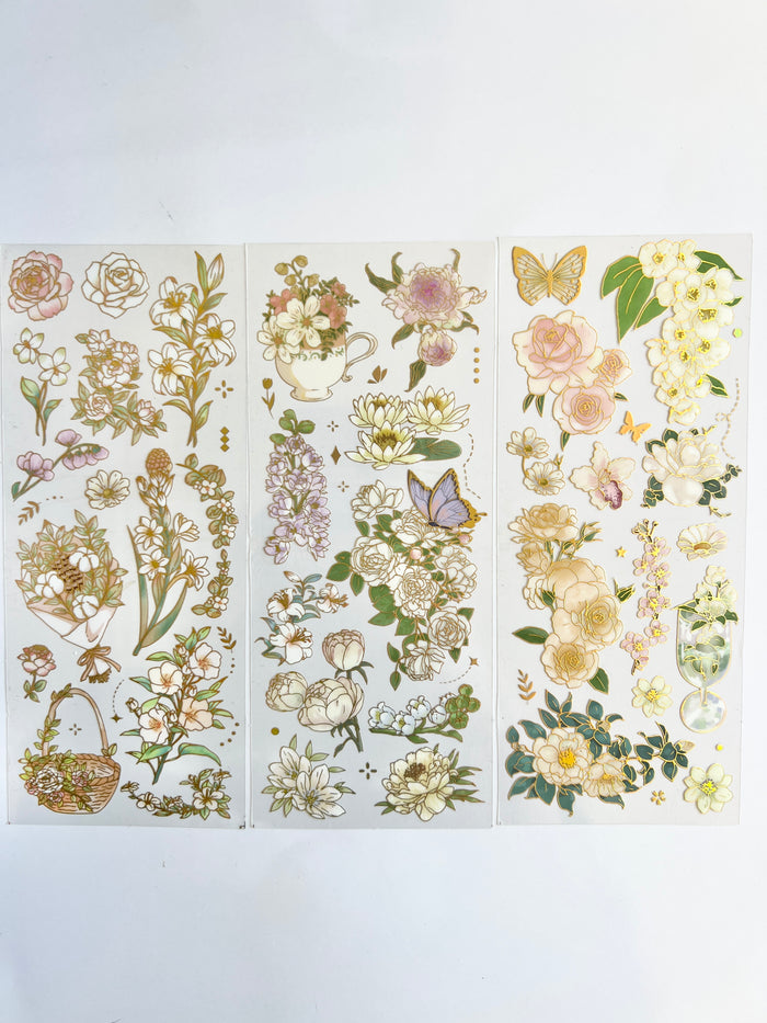 Spring Floral Gold Foil Clear Stickers - 3 sheets