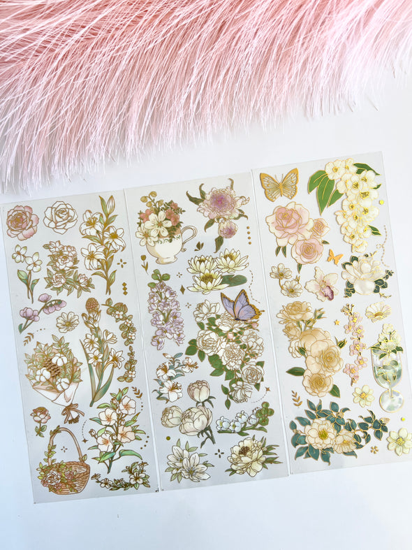 Spring Floral Gold Foil Clear Stickers - 3 sheets