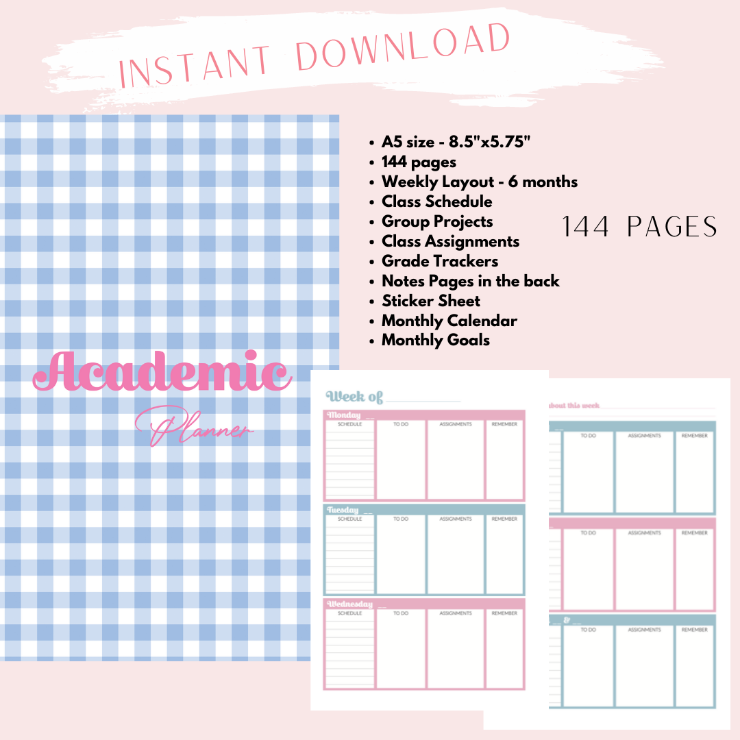 Instant Download - Digital - Academic Blue and Pink Gingham A5 size Planner