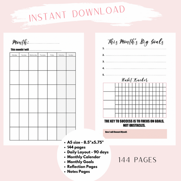 Instant Download - Digital - Daily Planner Minimalist 90 Days Wire-O A5 size Planner