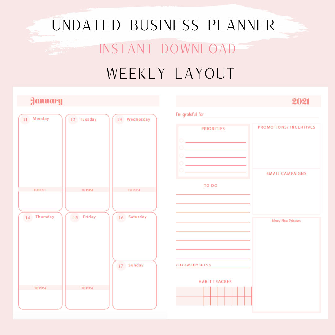 Undated Business Planner A5 Size- Instant Download