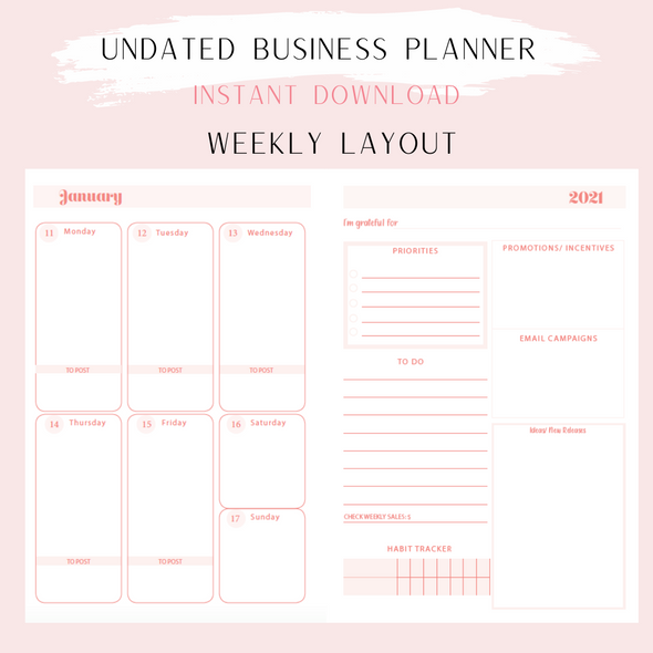 Undated Business Planner A5 Size- Instant Download