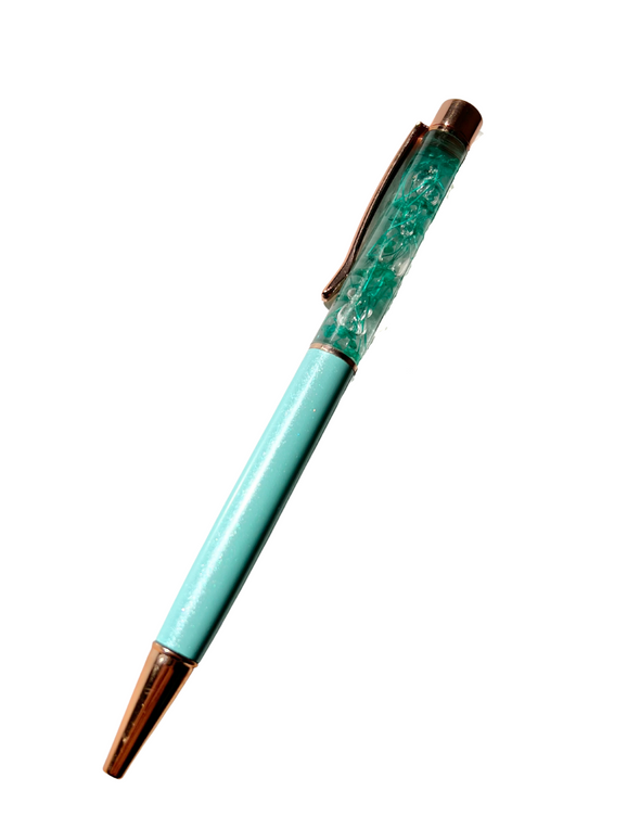 Tiffany Blue and Rose Gold Ballpoint Pen with Turquoise Flowers - Black Ink