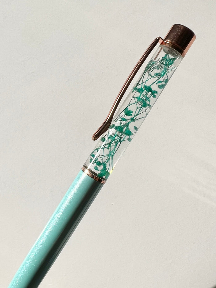 Tiffany Blue and Rose Gold Ballpoint Pen with Turquoise Flowers - Black Ink