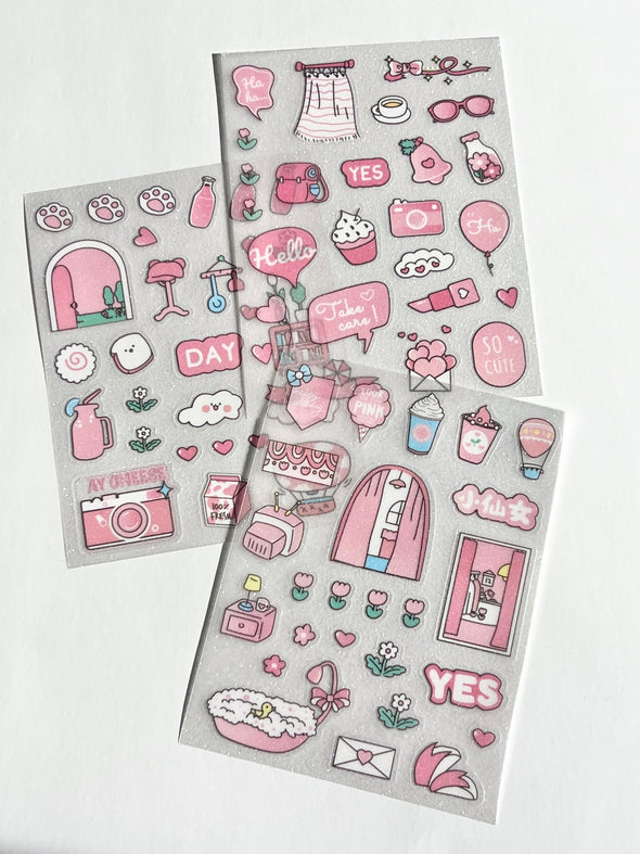 Set of 3 Pink Sparkle Clear Sticker Kit