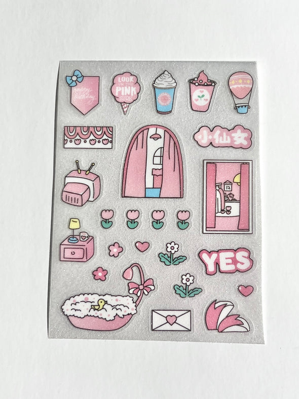 Set of 3 Pink Sparkle Clear Sticker Kit
