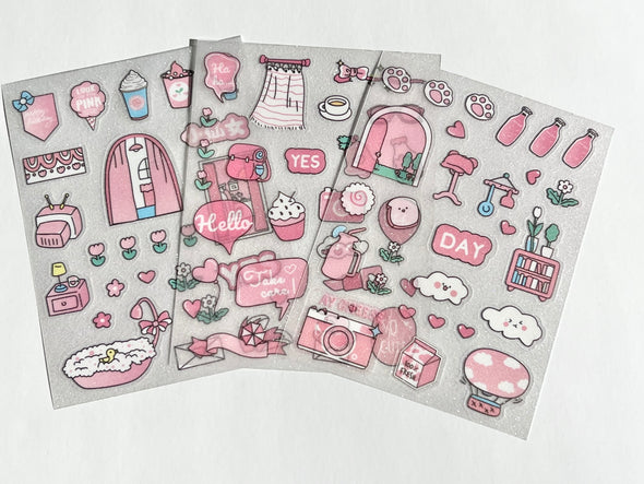 Set of 3 Pink Sparkle Clear Sticker Kit