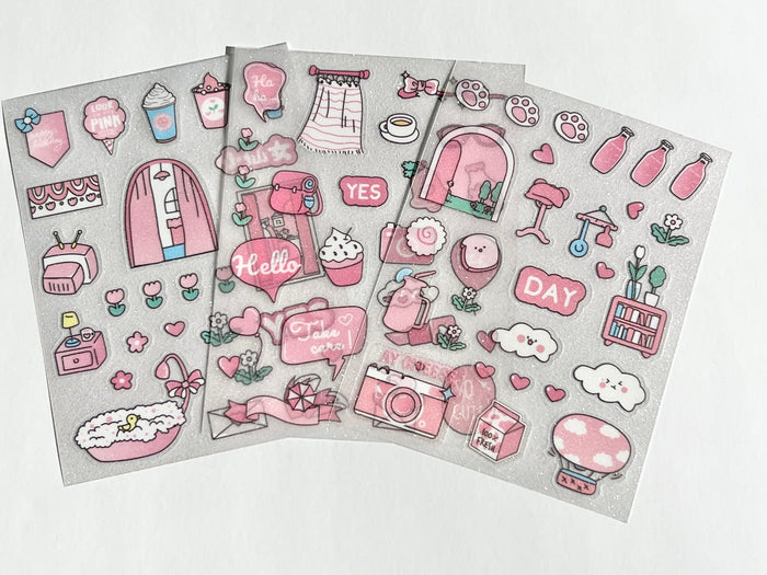 Set of 3 Pink Sparkle Clear Sticker Kit