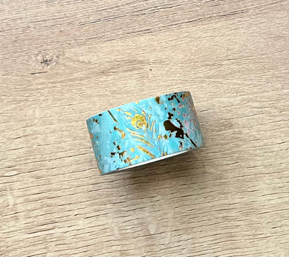Turquoise and Gold Abstract with Gold Foil Feather Washi Tape