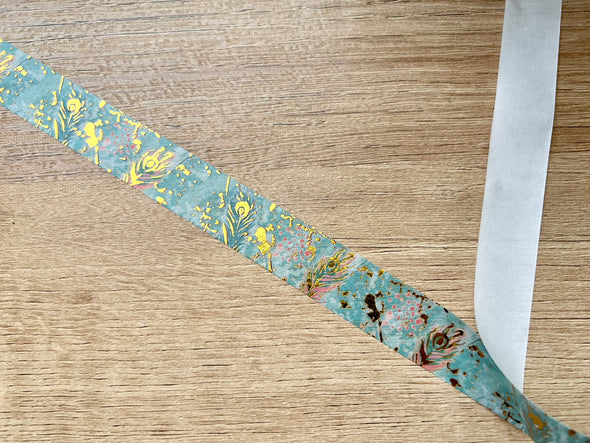 Turquoise and Gold Abstract with Gold Foil Feather Washi Tape