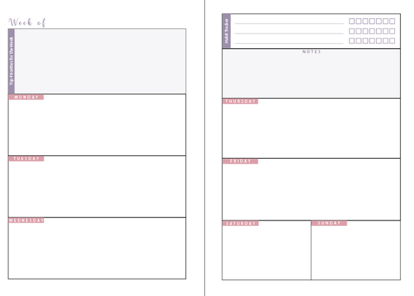 Instant Download Undated A5 Weekly Horizontal Planner
