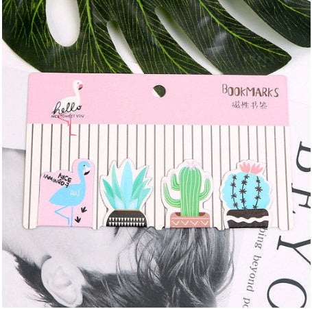 Set of 4 Summer Flamingo Cactus Magnetic Bookmarks